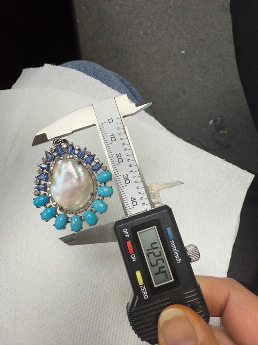 Pearl Turqouise Silver Pave Diamond Pendant With Pearl Stone