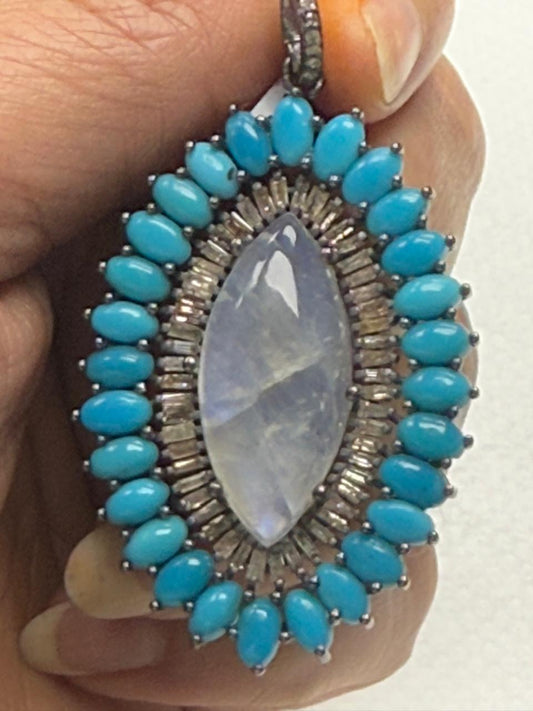 Marquise Shape Turqouise Silver Pave Baguette Diamond Pendant With Moonstone