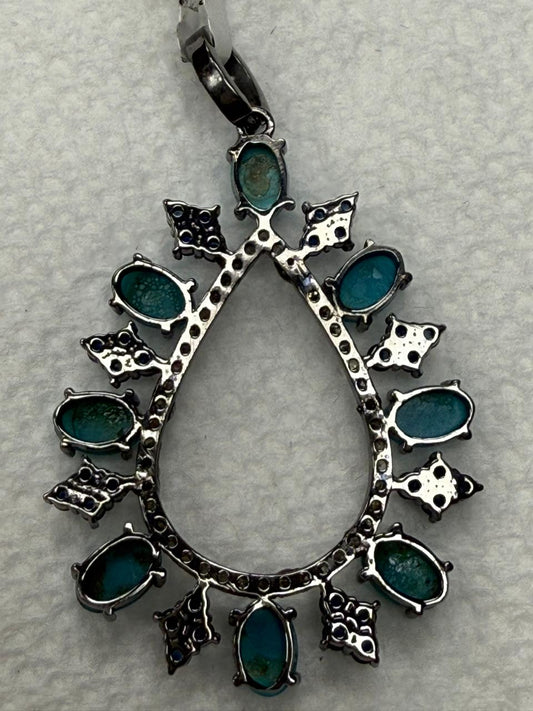 Turqouise Sapphire Silver Pave Diamond Pendant