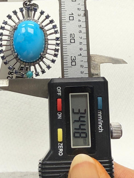 Turqouise Sapphire Silver Pave Diamond Pendant