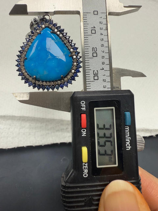 Tear Drop Turqouise Sapphire Pave Silver Diamond Pendant