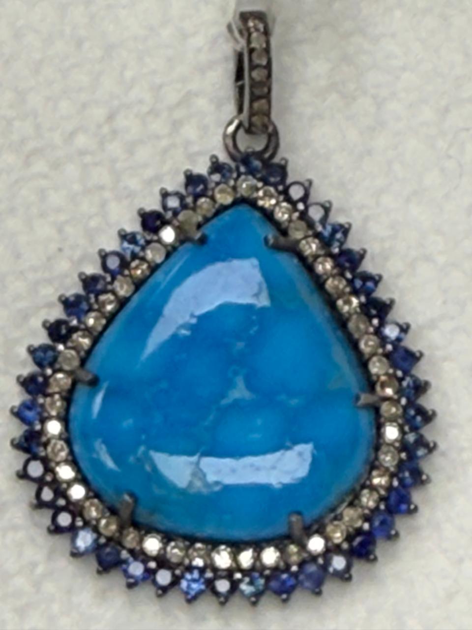 Tear Drop Turqouise Sapphire Pave Silver Diamond Pendant