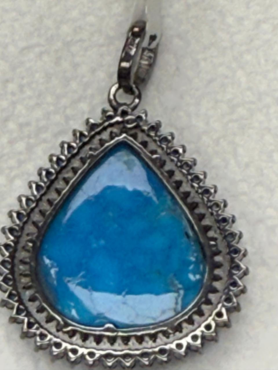 Tear Drop Turqouise Sapphire Pave Silver Diamond Pendant