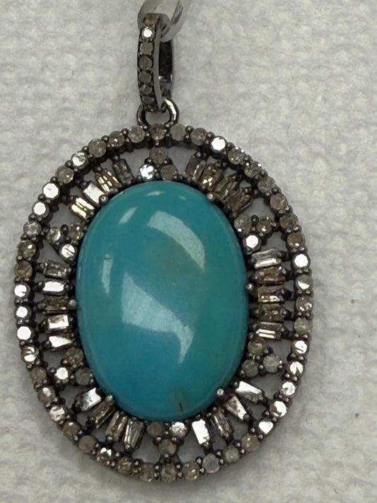 Turqouise Pave Silver Baguette Diamond Pendant