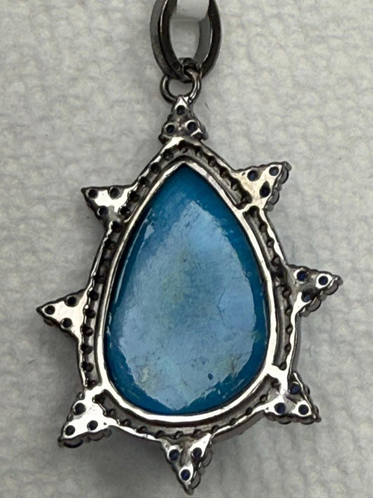 Tear Drop Turqouise Sapphire Pave Silver Diamond Pendant
