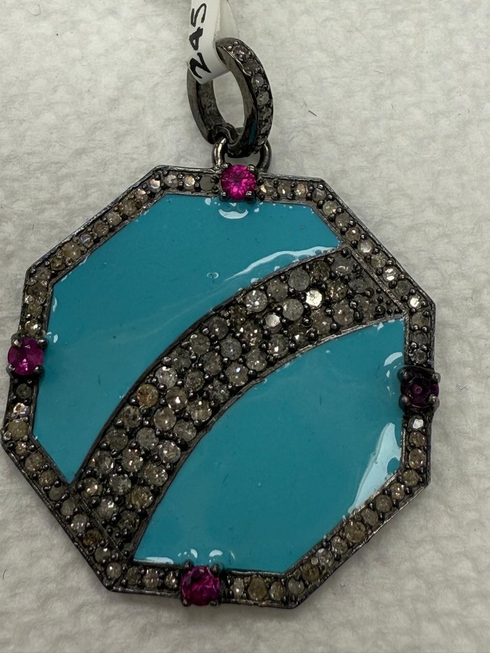 Octogan Ruby Diamond Pendant Turquoise Enameling