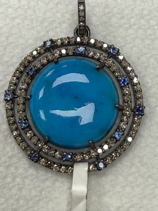 Round Turqouise Sapphire Pave Silver Diamond Pendant