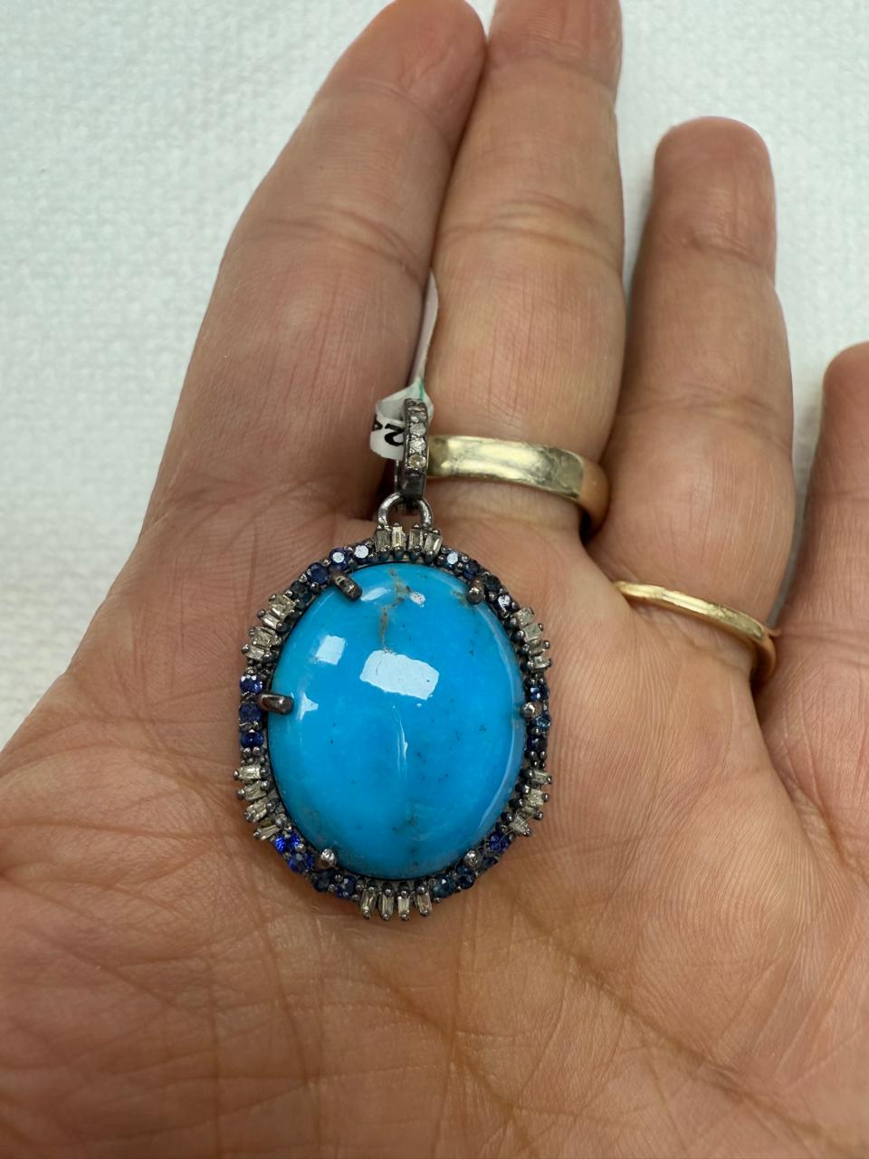 Turqouise Baguette Sapphire Pave Silver Diamond Pendant