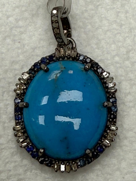 Turqouise Baguette Sapphire Pave Silver Diamond Pendant