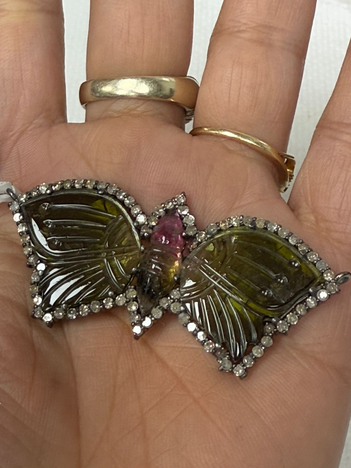 Tourmaline Carving Butterfly with diamond pendant