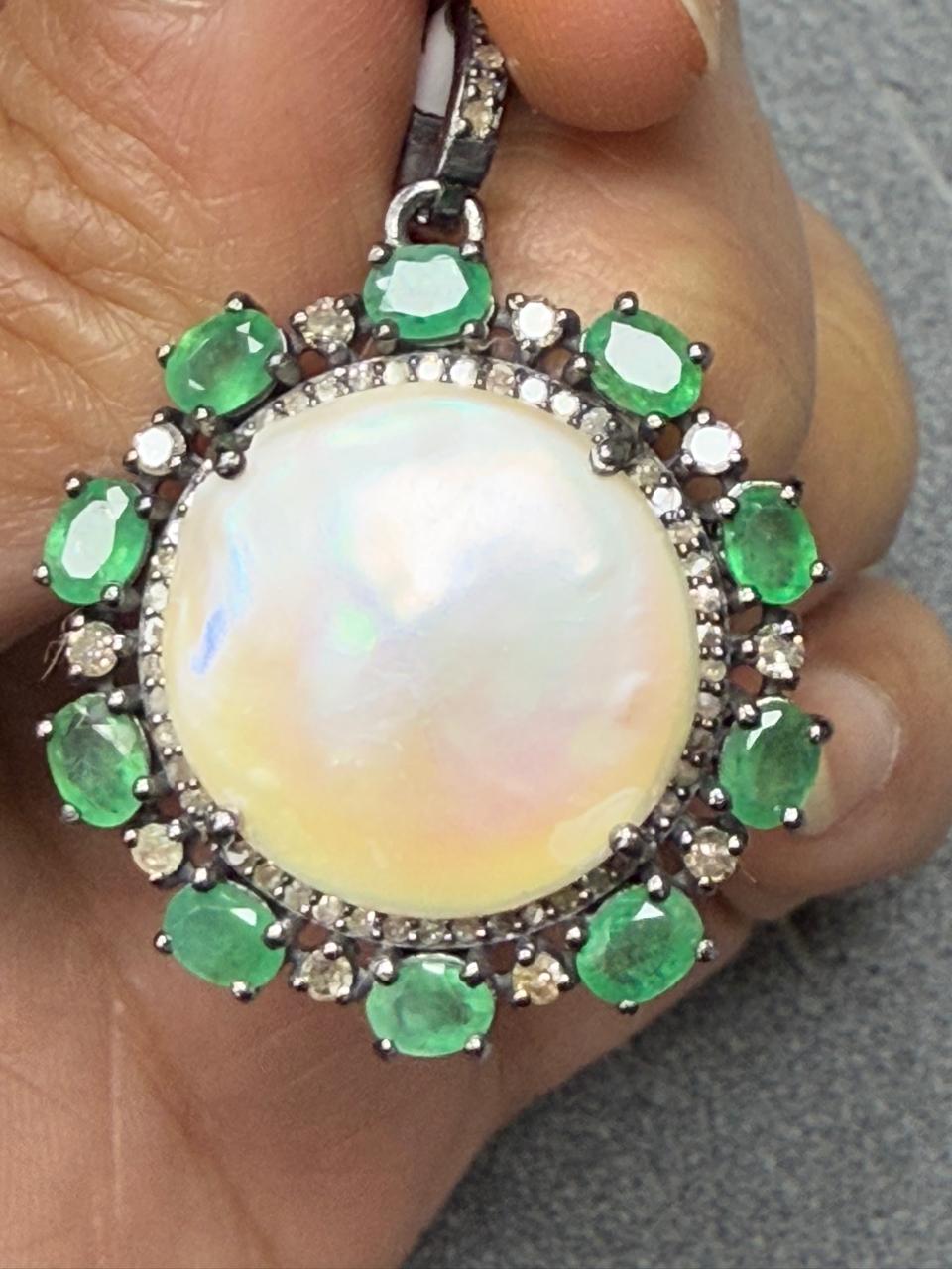 Pearl Silver Pave Diamond Pendant With Pearl Stone