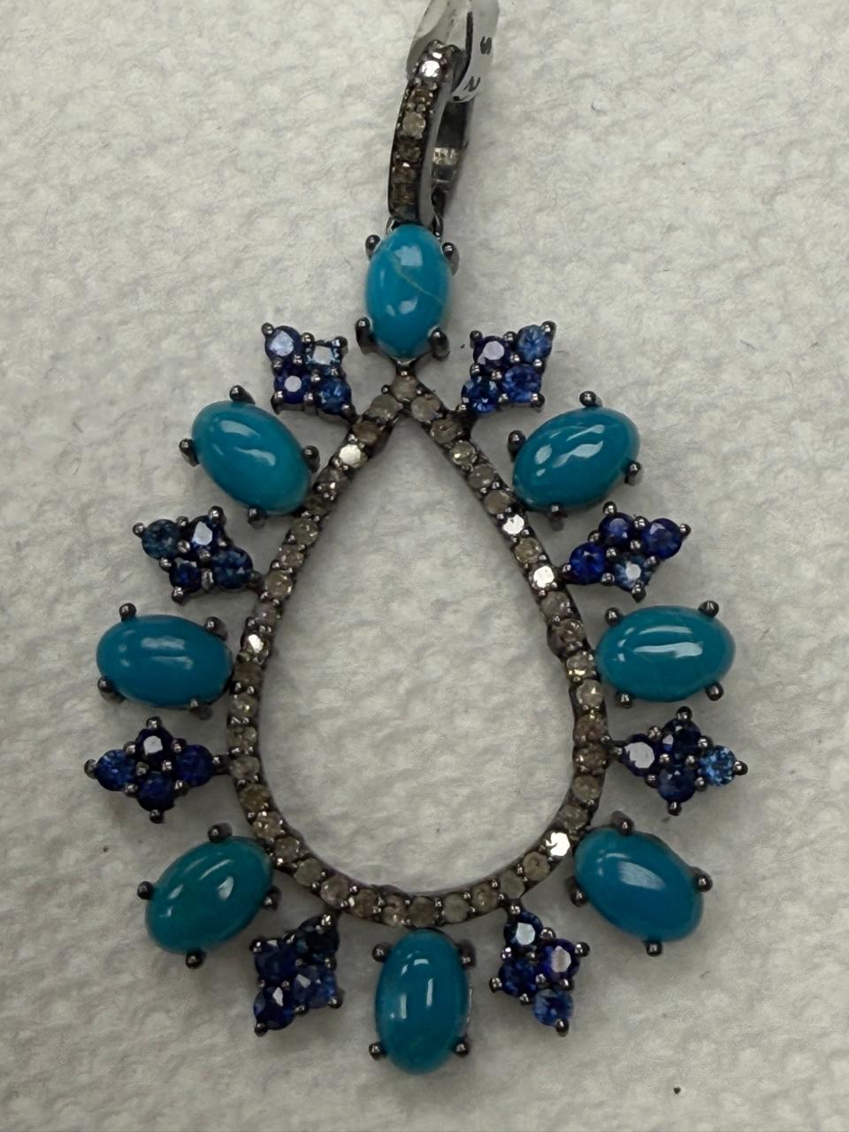Turqouise Sapphire Silver Pave Diamond Pendant