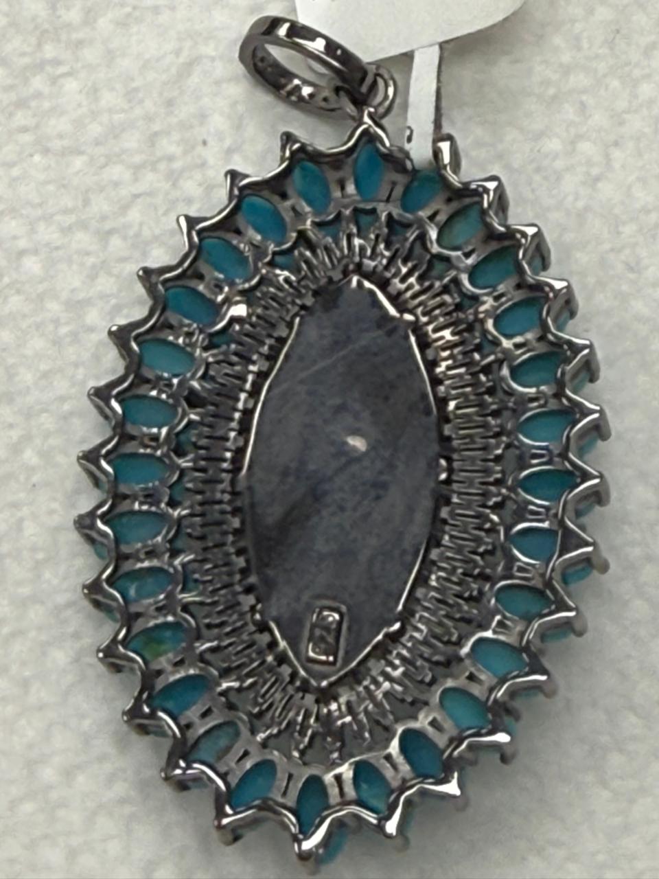 Marquise Shape Turqouise Silver Pave Baguette Diamond Pendant With Moonstone