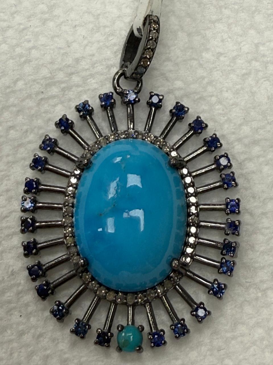 Turqouise Sapphire Silver Pave Diamond Pendant