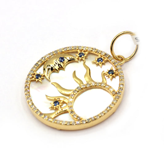 Round Sun Moon 14k Solid Gold Diamond Pendants