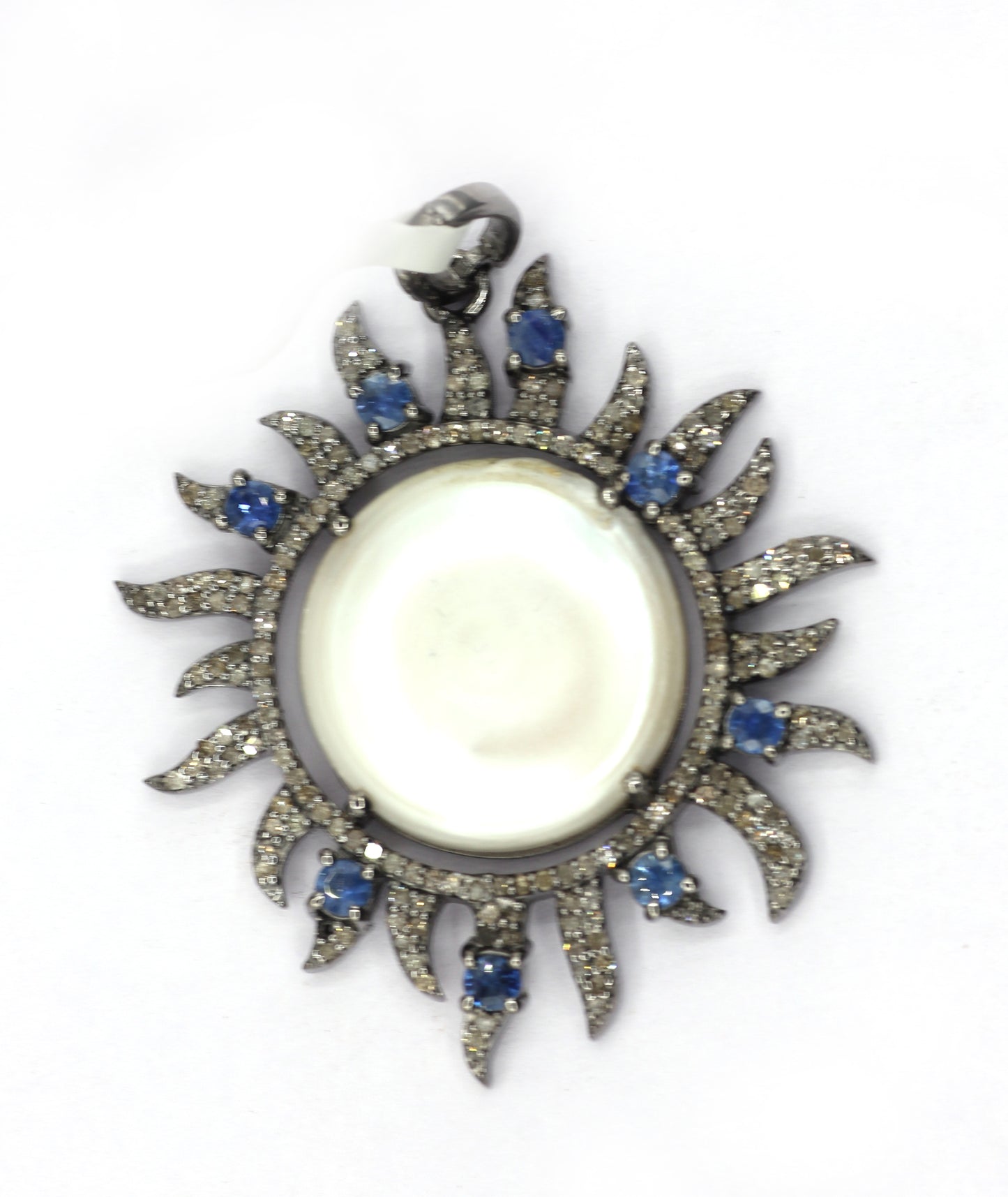 Pearl Sunburst Shape Silver Pave Diamond Pendant With Pearl Stone