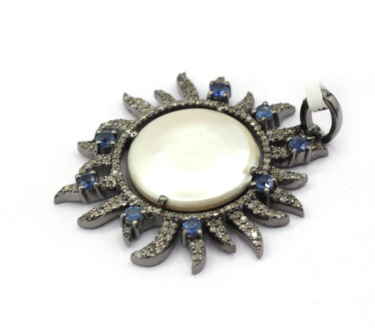 Pearl Sunburst Shape Silver Pave Diamond Pendant With Pearl Stone
