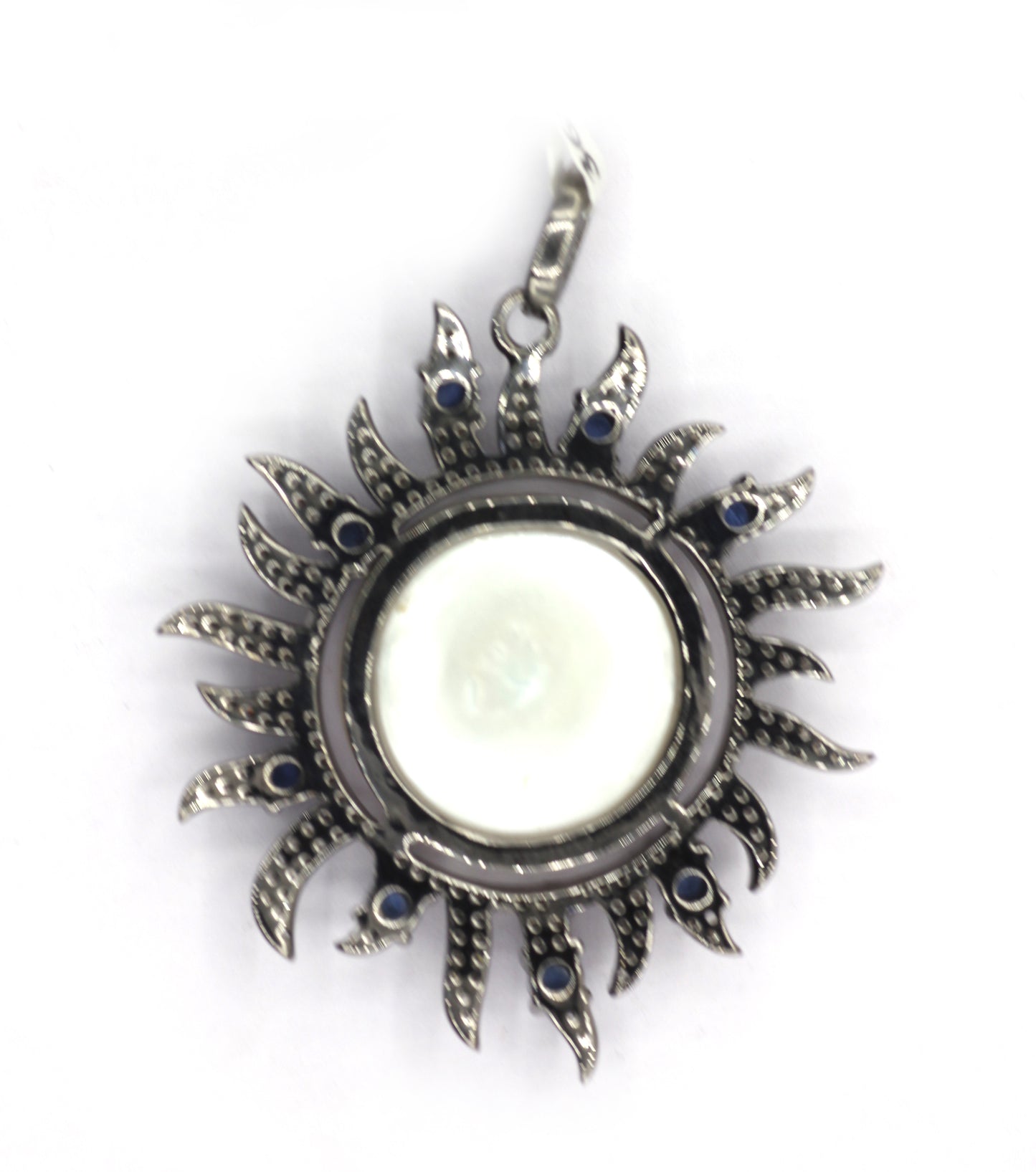 Pearl Sunburst Shape Silver Pave Diamond Pendant With Pearl Stone