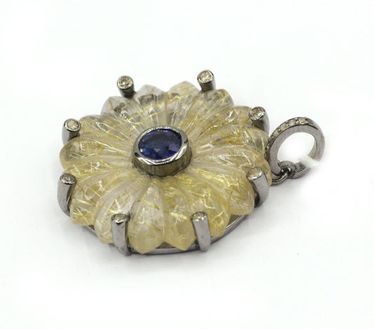 Golden Rutile Silver Pave Diamond Pendant