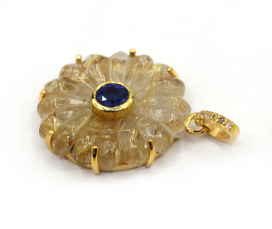 Golden Rutile Silver Pave Diamond Pendant