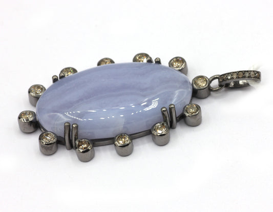 Oval Silver Pave Diamond Pendant