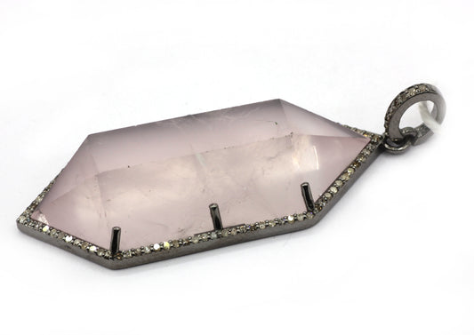 Rose Quartz Silver Pave Diamond Pendant
