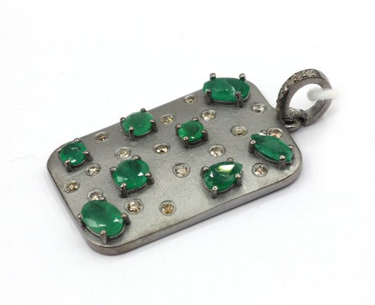 Rectangle Pave Diamond Pendant With emerald Stone
