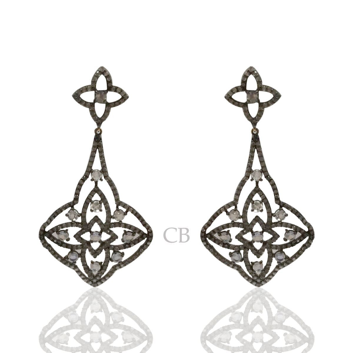 Diamond and White Rainbow Moonstone Silver Earrings