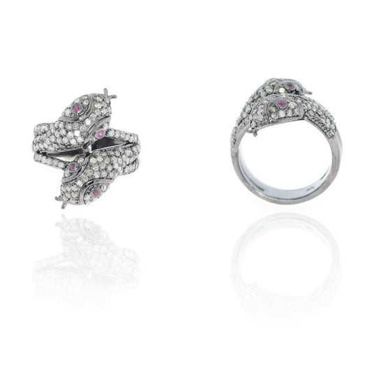 Snake Diamond and Ruby Black Rhodium Silver Finish Rings