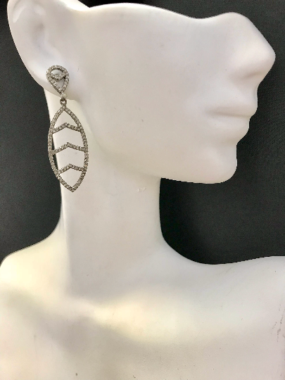 Diamond Art Deco Dangling Diamond Earring, Pave Diamond Earring,Pave Art Deco Earring, Appx 44 x 14mm. Sterling Silver