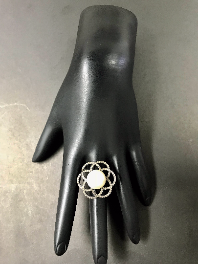 Diamond Flower with Pearl Diamond Ring, Pave Diamond Ring, Pave Flower with Pearl Ring, Approx 24 x 24mm. Sterling Silver