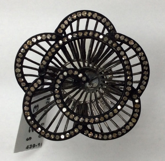 Flower Pave Diamond Ring .925 Oxidized Sterling Silver Diamond Ring, Genuine handmade pave diamond Ring Size Approx 1.52"(38 x 38 MM)