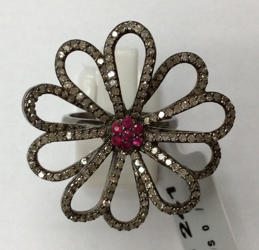 Flower Pave Diamond Ring With Ruby .925 Oxidized Sterling Silver Diamond Ring, Genuine handmade pave diamond Ring Size Approx 1.32"(33 MM)