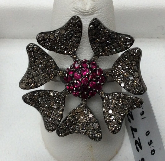 Flower Pave Diamond Ring With Ruby .925 Oxidized Sterling Silver Diamond Ring, Genuine handmade pave diamond Ring Size Approx 1.04"(26 MM)