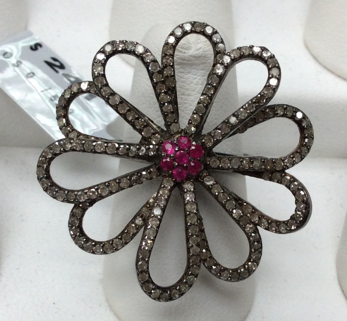 Flower Pave Diamond Ring With Ruby .925 Oxidized Sterling Silver Diamond Ring, Genuine handmade pave diamond Ring Size Approx 1.32"(33 MM)