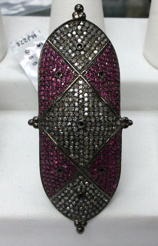 Ring Diamond with Ruby .925 Oxidized Sterling Silver Diamond Ring, Genuine handmade pave diamond Ring Size Approx 2.28"(20 x 57 MM)