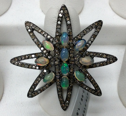 Ring Diamond with Opal .925 Oxidized Sterling Silver Diamond Ring, Genuine handmade pave diamond Ring Size Approx 1.52"(38 MM)