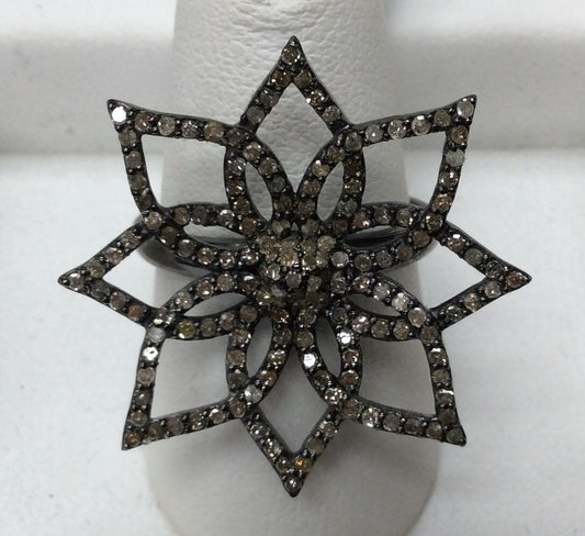 Flower Pave Diamond Ring .925 Oxidized Sterling Silver Diamond Ring, Genuine handmade pave diamond Ring Size Approx 1.08"(27 x 27 MM)