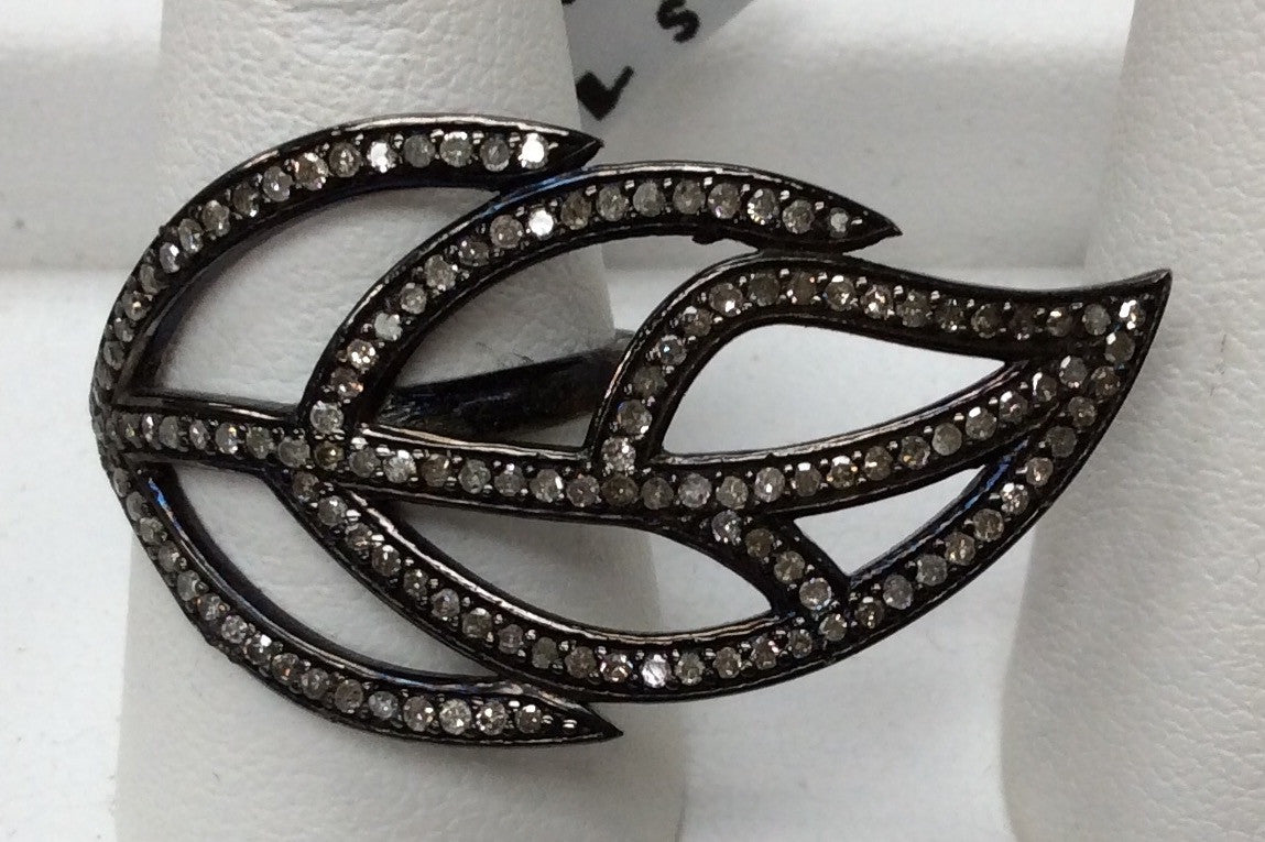 Leaf Pave Diamond Ring .925 Oxidized Sterling Silver Diamond Ring, Genuine handmade pave diamond Ring Size Approx 1.60"(20 x 40 MM)