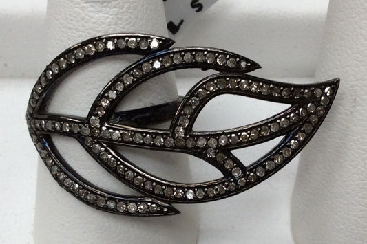 Leaf Pave Diamond Ring .925 Oxidized Sterling Silver Diamond Ring, Genuine handmade pave diamond Ring Size Approx 1.60"(20 x 40 MM)