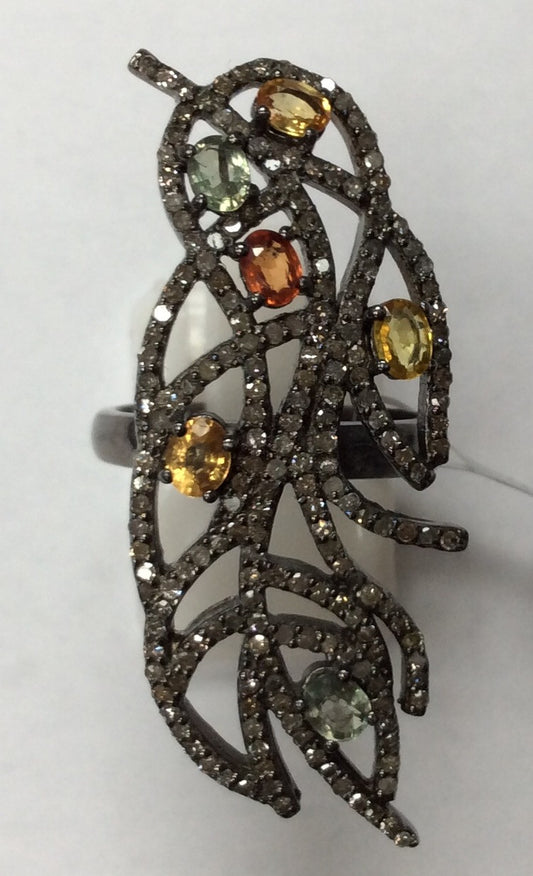 Leaf Pave Diamond Ring .925 Oxidized Sterling Silver Diamond Ring, Genuine handmade pave diamond Ring Size Approx 1.76"(16 x 44 MM)