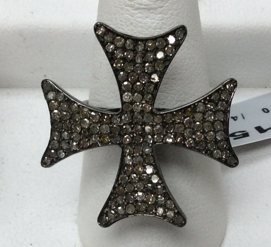 Cross Pave Diamond Ring .925 Oxidized Sterling Silver Diamond Ring, Genuine handmade pave diamond Ring Size Approx 1.0"(25 x 25 MM)