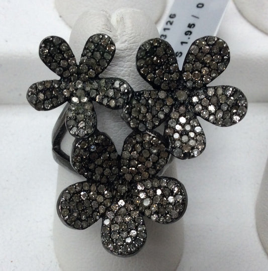Flower Pave Diamond Ring .925 Oxidized Sterling Silver Diamond Ring, Genuine handmade pave diamond Ring Size Approx 1.20"(28 x 30 mm)