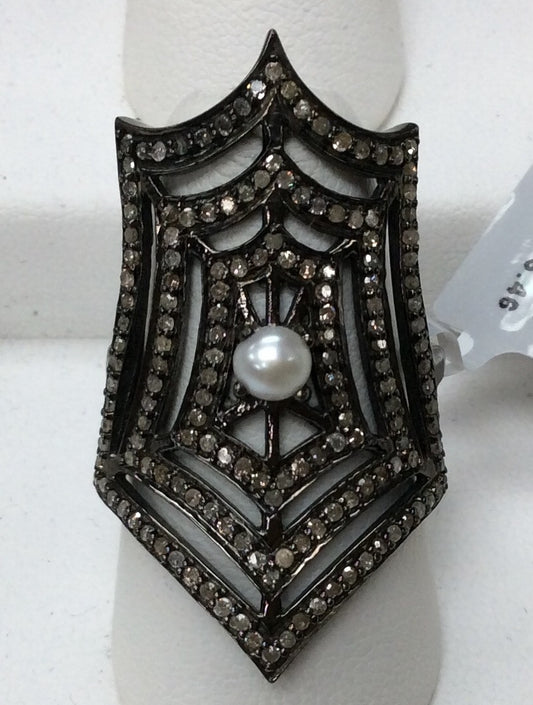 Pave Diamond Ring .925 Oxidized Sterling Silver Diamond Ring, Genuine handmade pave diamond Ring Size Approx 1.44"(21 x 36 MM)