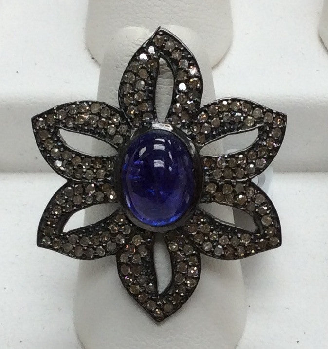 Flower Shape Pave Diamond Ring .925 Oxidized Sterling Silver Diamond Ring, Genuine handmade pave diamond Ring Size Approx 1.32"(28 x 33 MM)