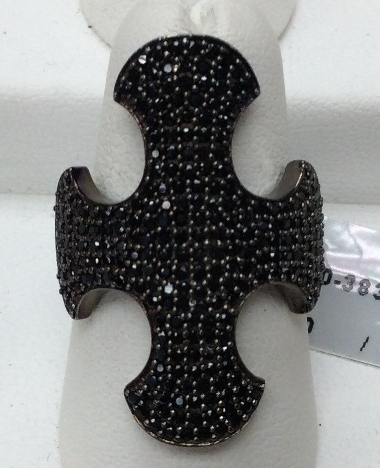 Cross Black Spinal Ring .925 Oxidized Sterling Silver Black Spinal Ring, Genuine handmade pave Black Spinal Ring Size Approx(20x29 mm)
