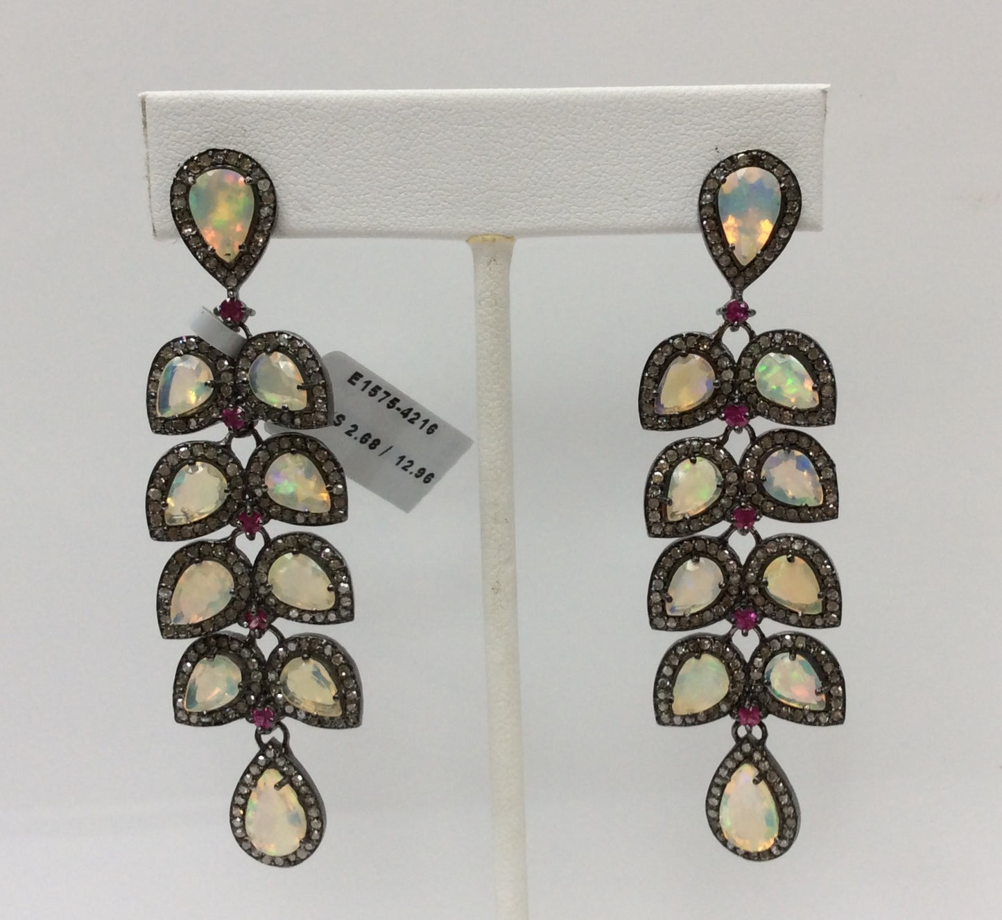 Opal & Diamond Silver Earring .925 Oxidized Sterling Silver Diamond Earring, Genuine handmade pave diamond Earring Size 2.80"(19 x 70 MM )