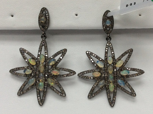 Flower Diamond Silver Earring .925 Oxidized Sterling Silver Diamond Earring, Genuine handmade pave diamond Earring Size 2.20"(38 x 55 MM )