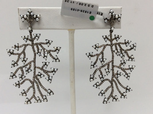 Plants Diamond Silver Earring .925 Oxidized Sterling Silver Diamond Earring, Genuine handmade pave diamond Earring Size 2.48"(35 x 62 MM )