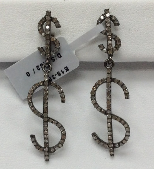 Dollar Diamond Silver Earring .925 Oxidized Sterling Silver Diamond Earring, Genuine handmade pave diamond Earring Size 1.80"(12 x 45 MM )